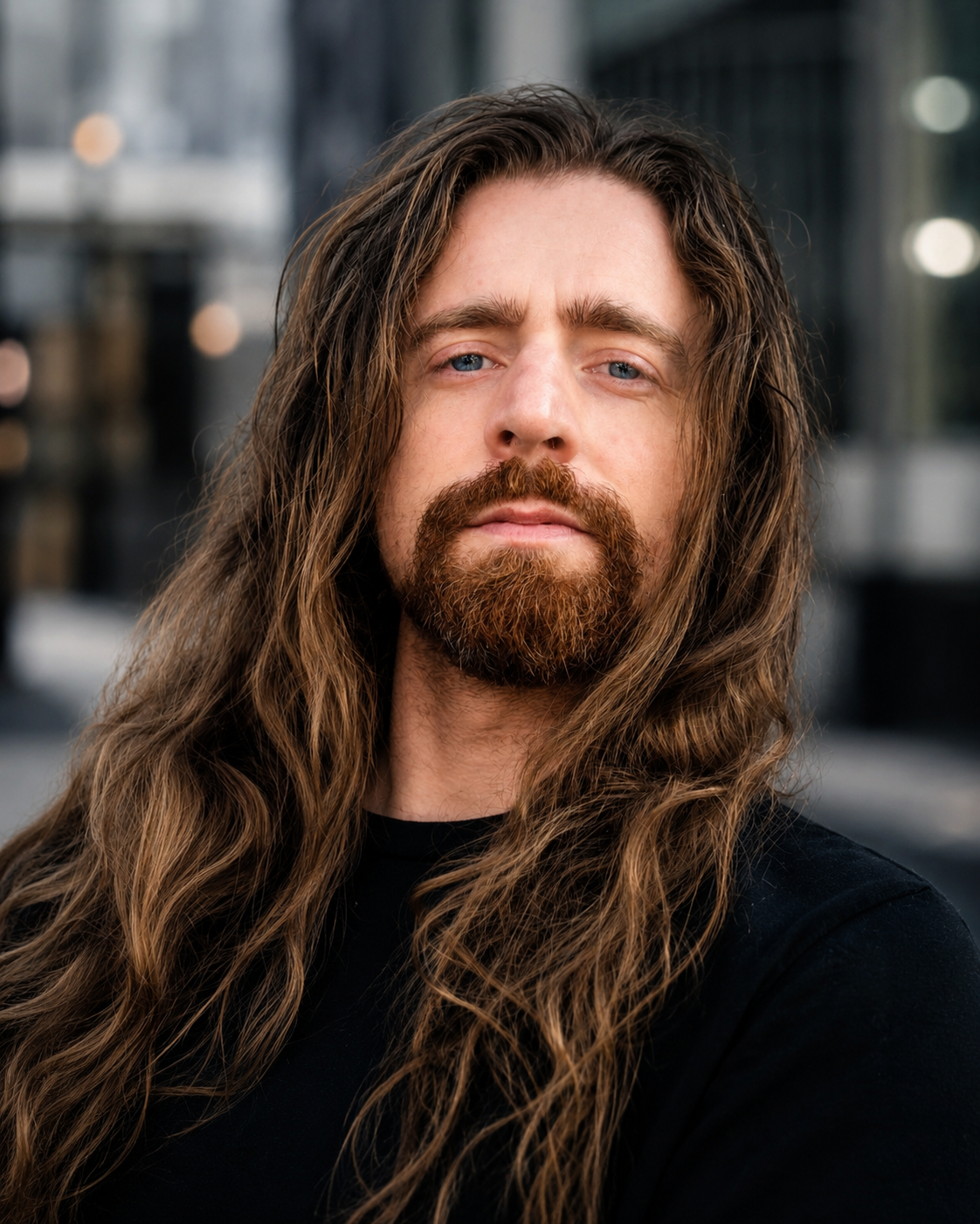 Christopher Sykes headshot with long dark-blonde hair and beard