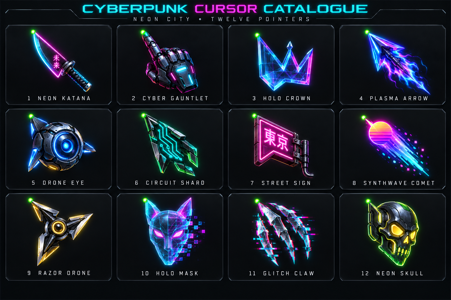 Catalogue showing twelve Cyberpunk Windows cursor designs
