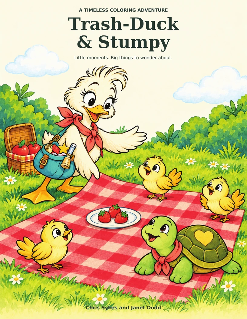 Trash-Duck & Stumpy: A Timeless Coloring Adventure book cover, with a duck, ducklings and a turtle sharing a picnic